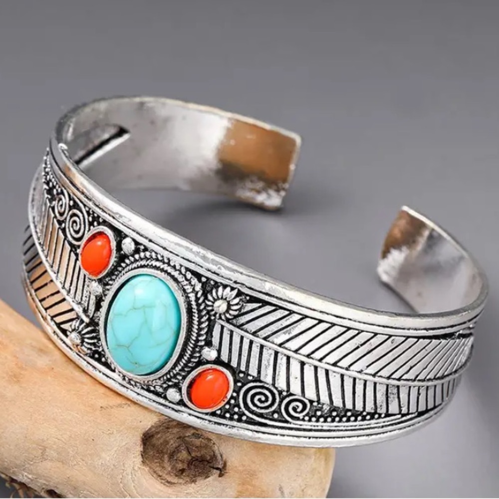 🎈New Silver Turquoise and Red Jasper Stone Silver Cuff Bracelet OSFM